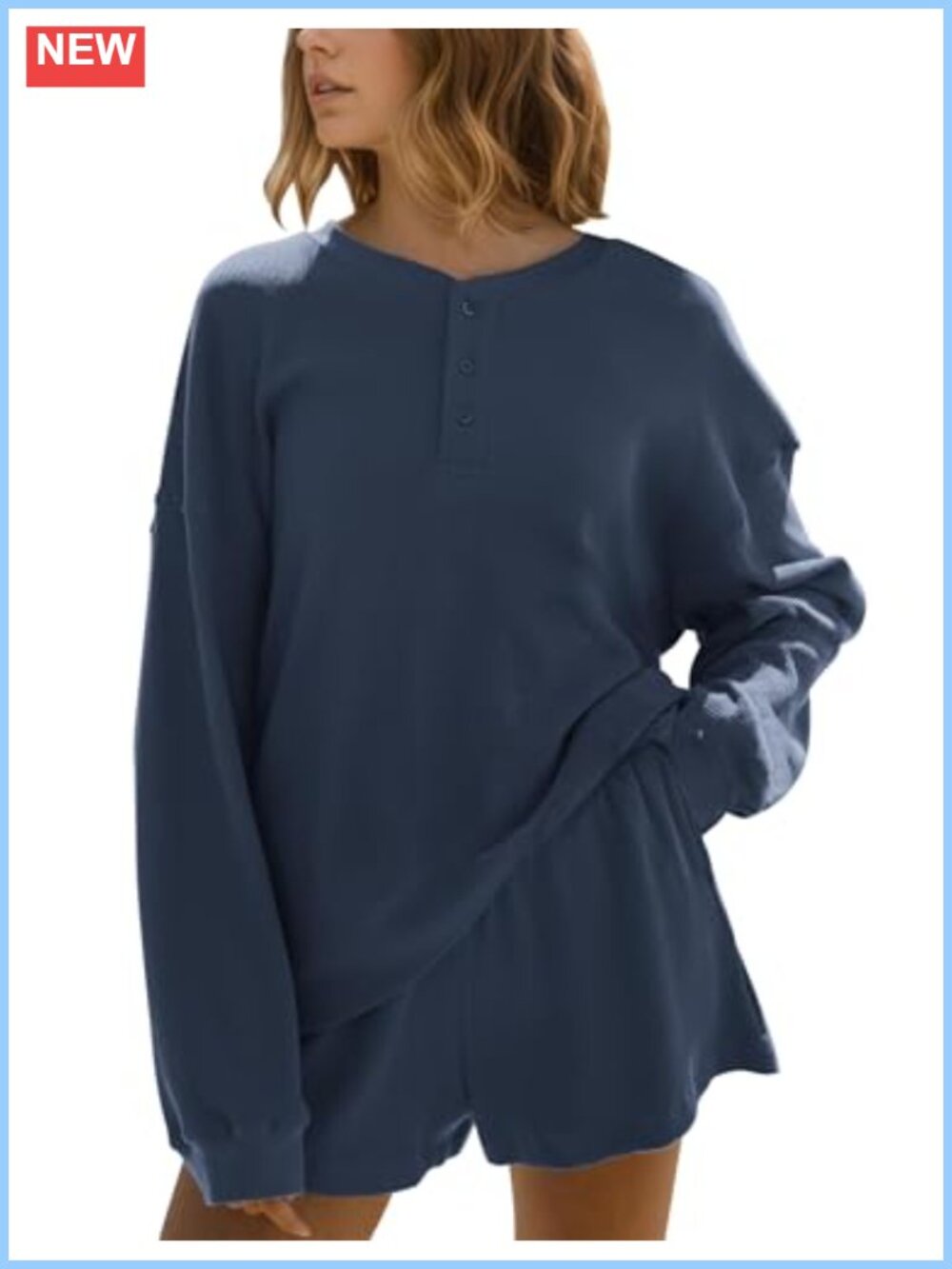 Waffle Knit Lounge Set Long Sleeve Henley Sweatshirt & Shorts 2 Piece